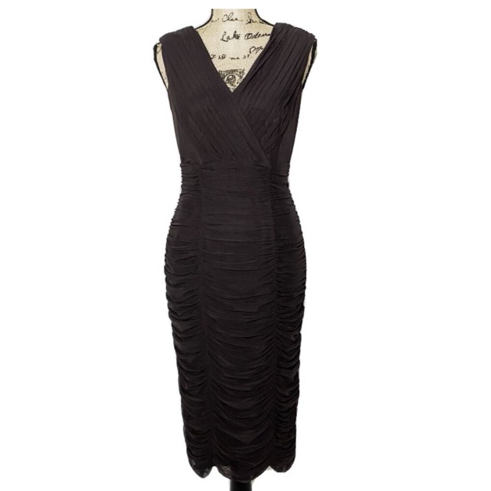 Tadashi Shoji black sleeveless ruffle bodycon evening silk dress V-Neck Sz 14